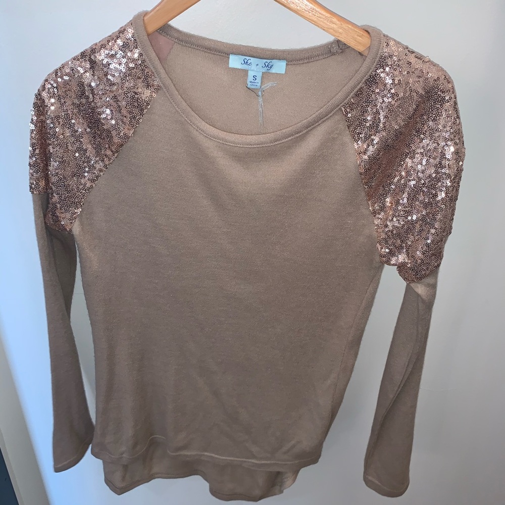 She & Sky Brown Sweater w/ Glittery Shoulders